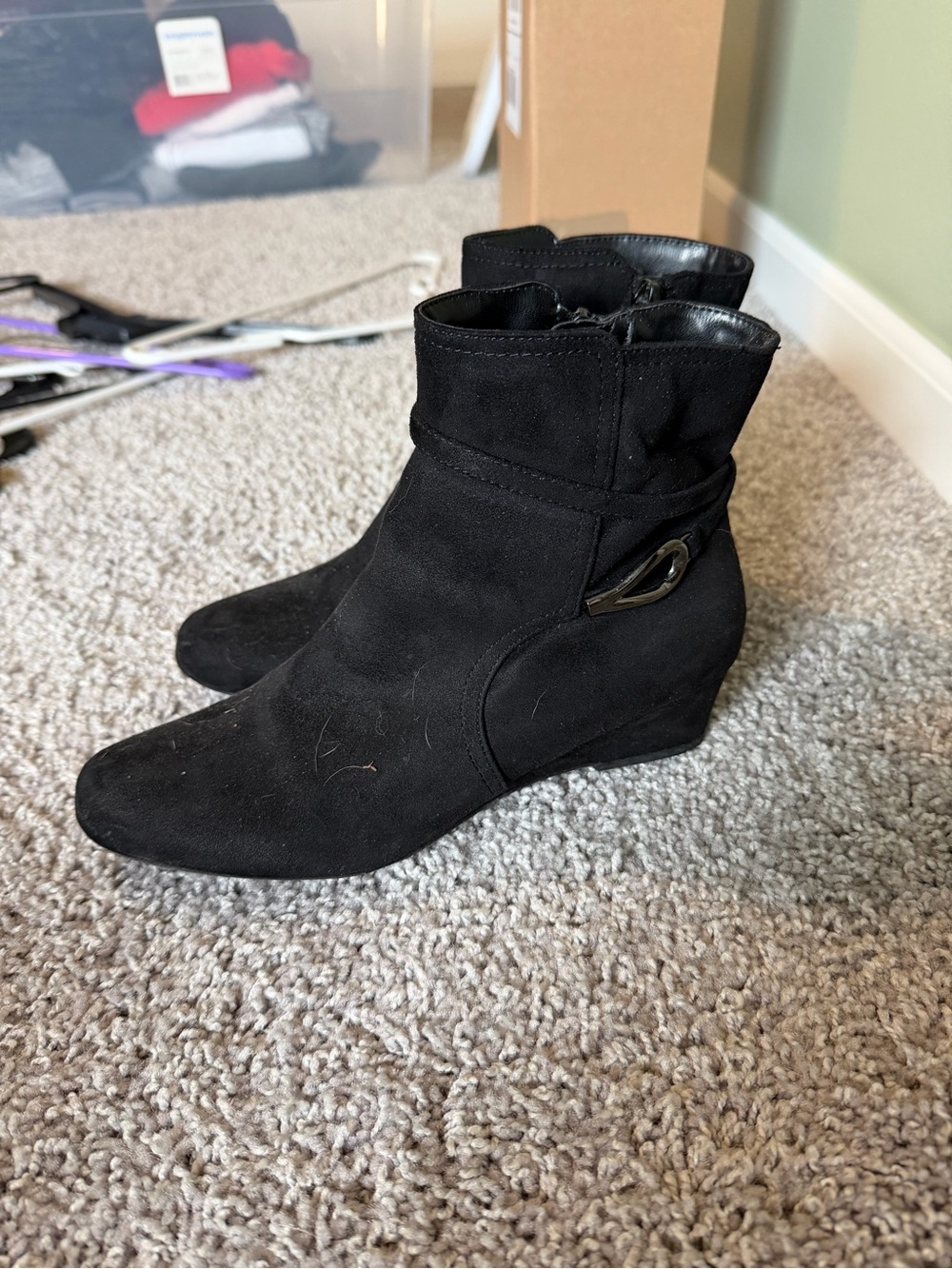 Macy's Black Suede Wedge Ankle Booties with Side Buckle